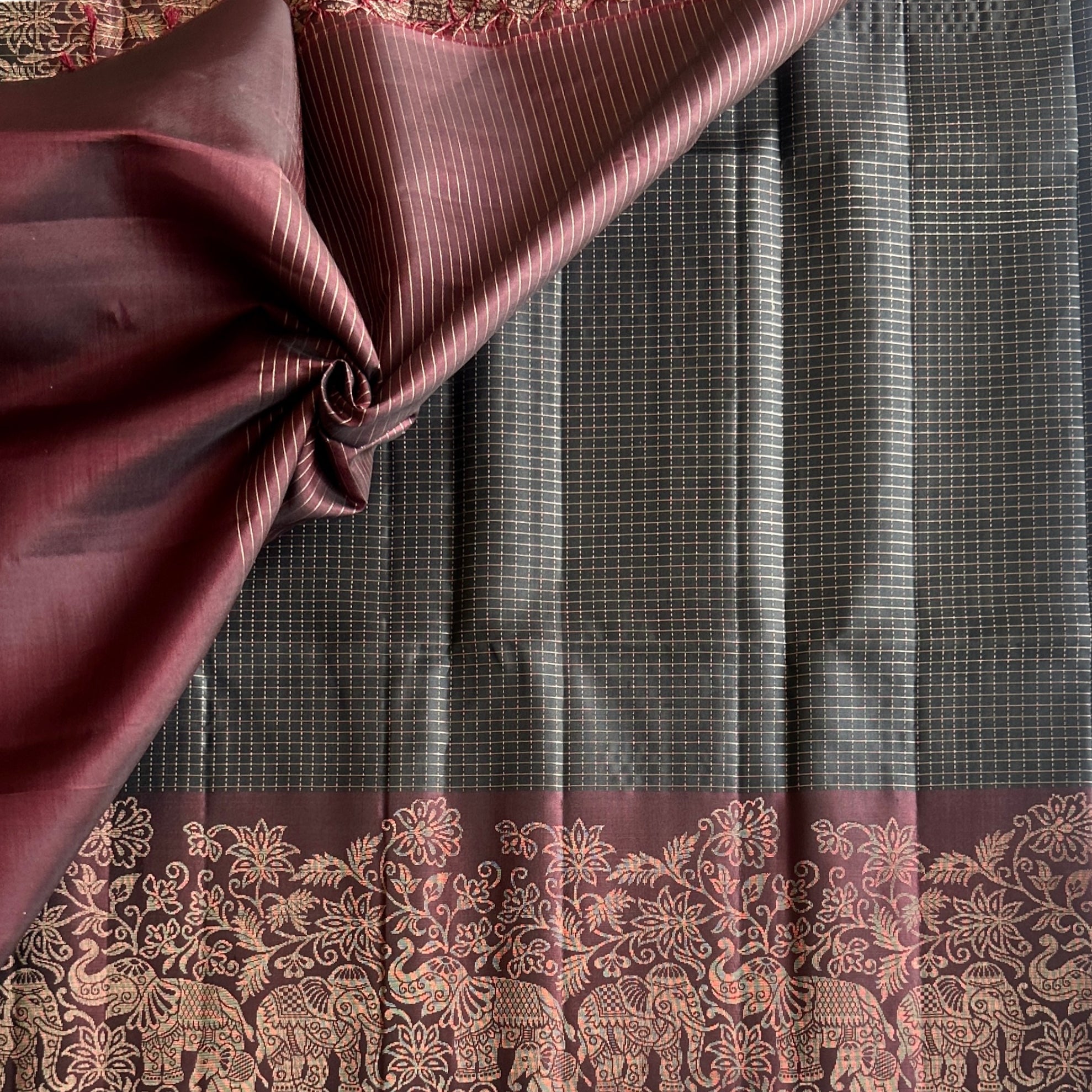 Burgundy Brocade Silk Saree With Elephant Zari Border For Weddings