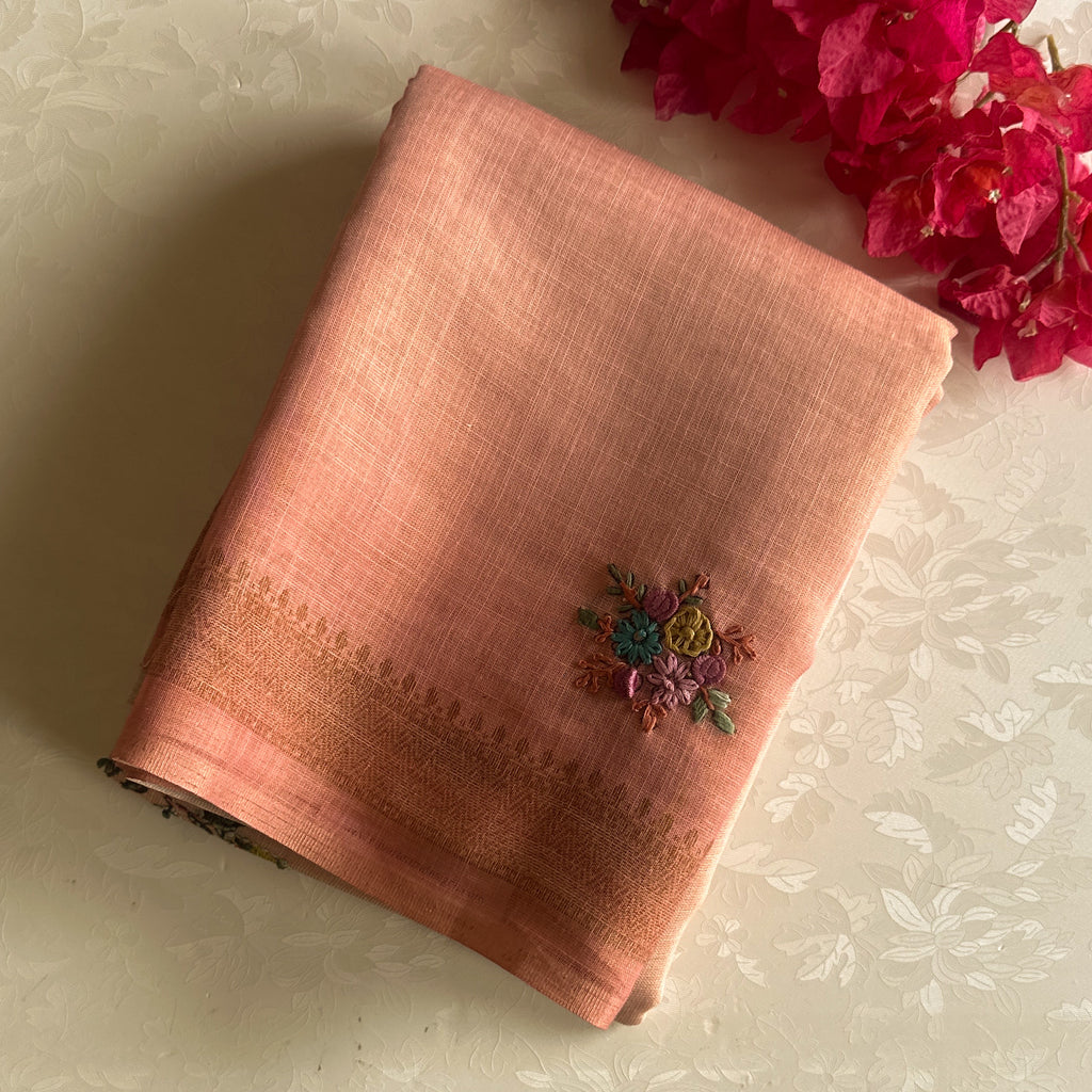 Elegant Peach Embroidered Floral Handloom Saree with Gold Zari Border