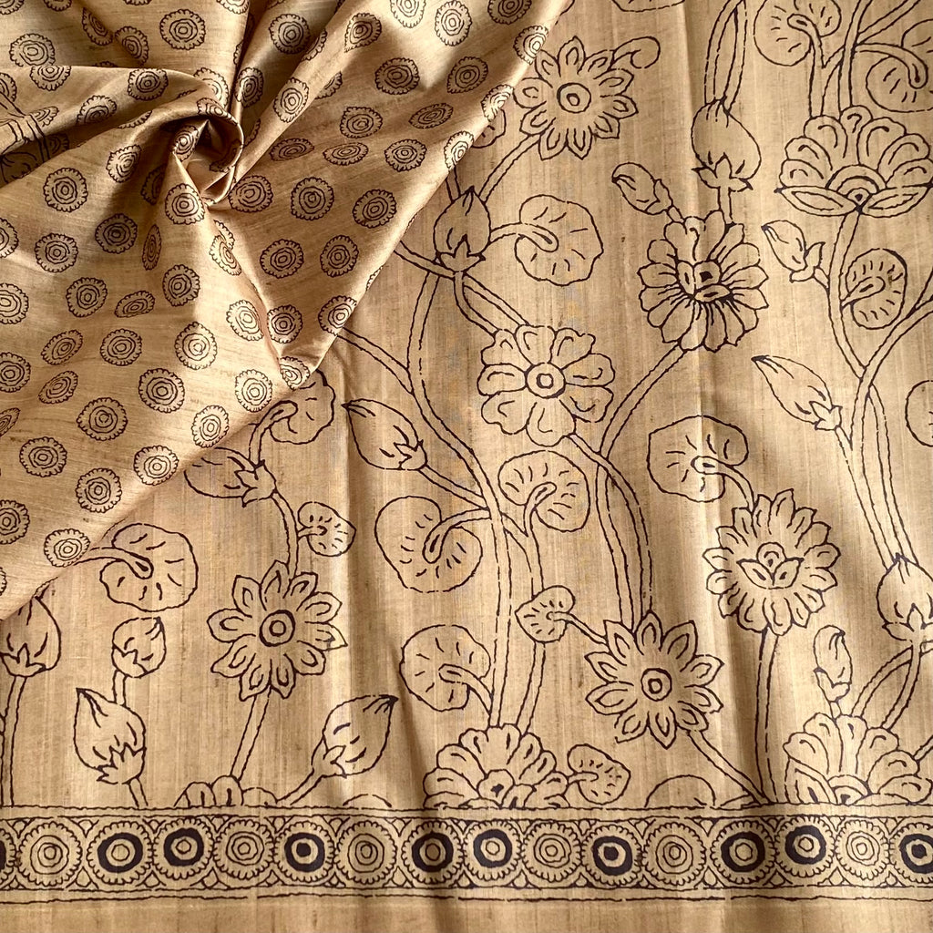 Golden Beige Soft Tussar Silk Saree With Chocolate Brown Pallu