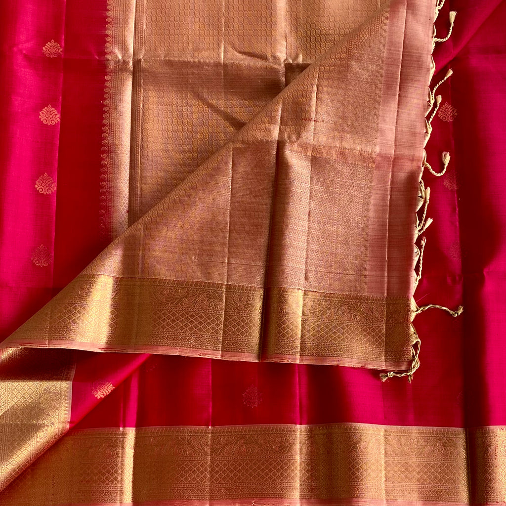Rani Pink Designer Pure Silk Saree Peach Gold Pallu Zari Border