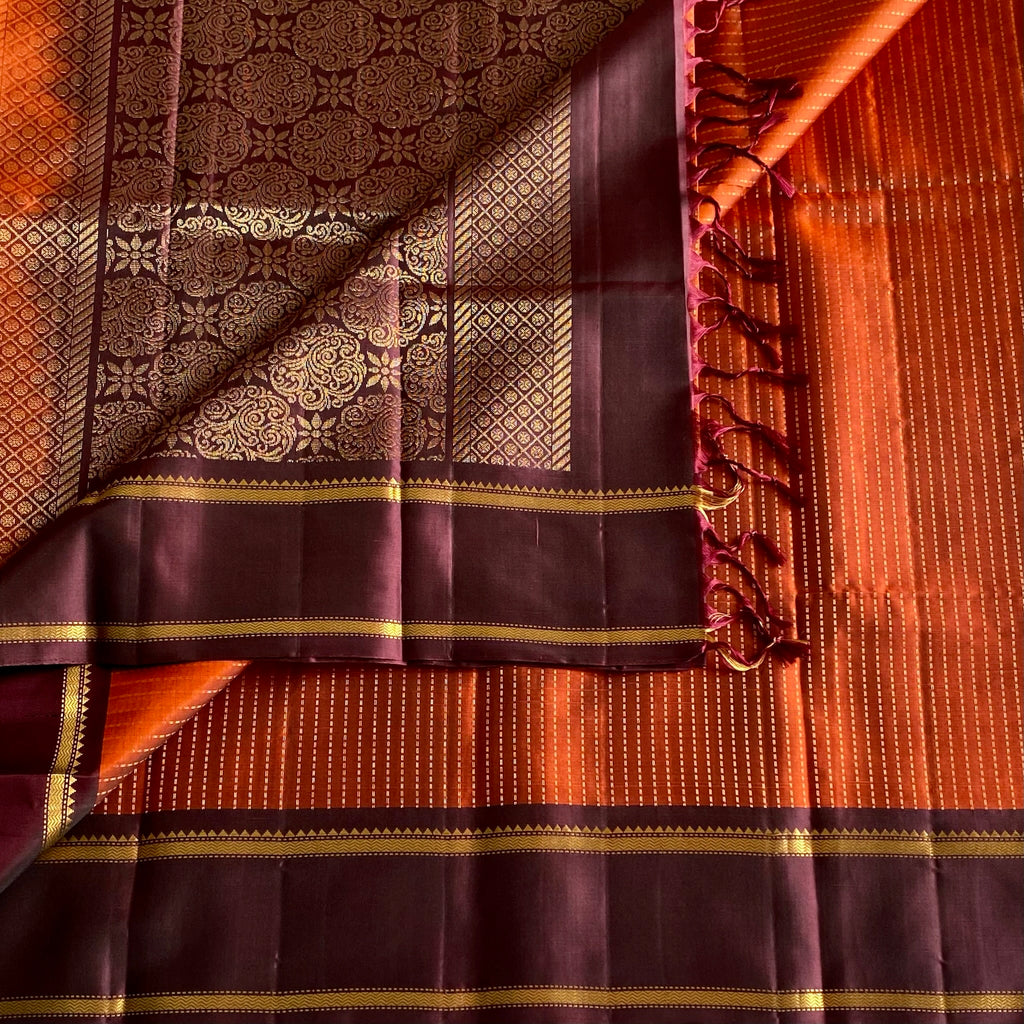 Classic Rust Orange Designer Pure Silk Saree With Chocolate Brown
