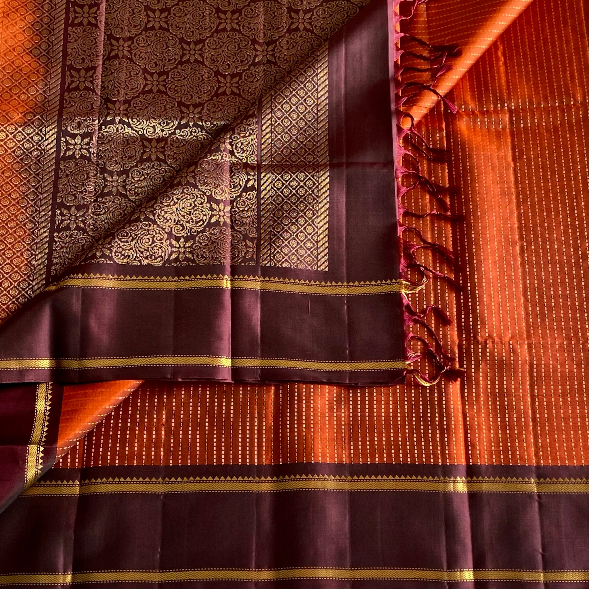 Classic Rust Orange Designer Pure Silk Saree With Chocolate Brown