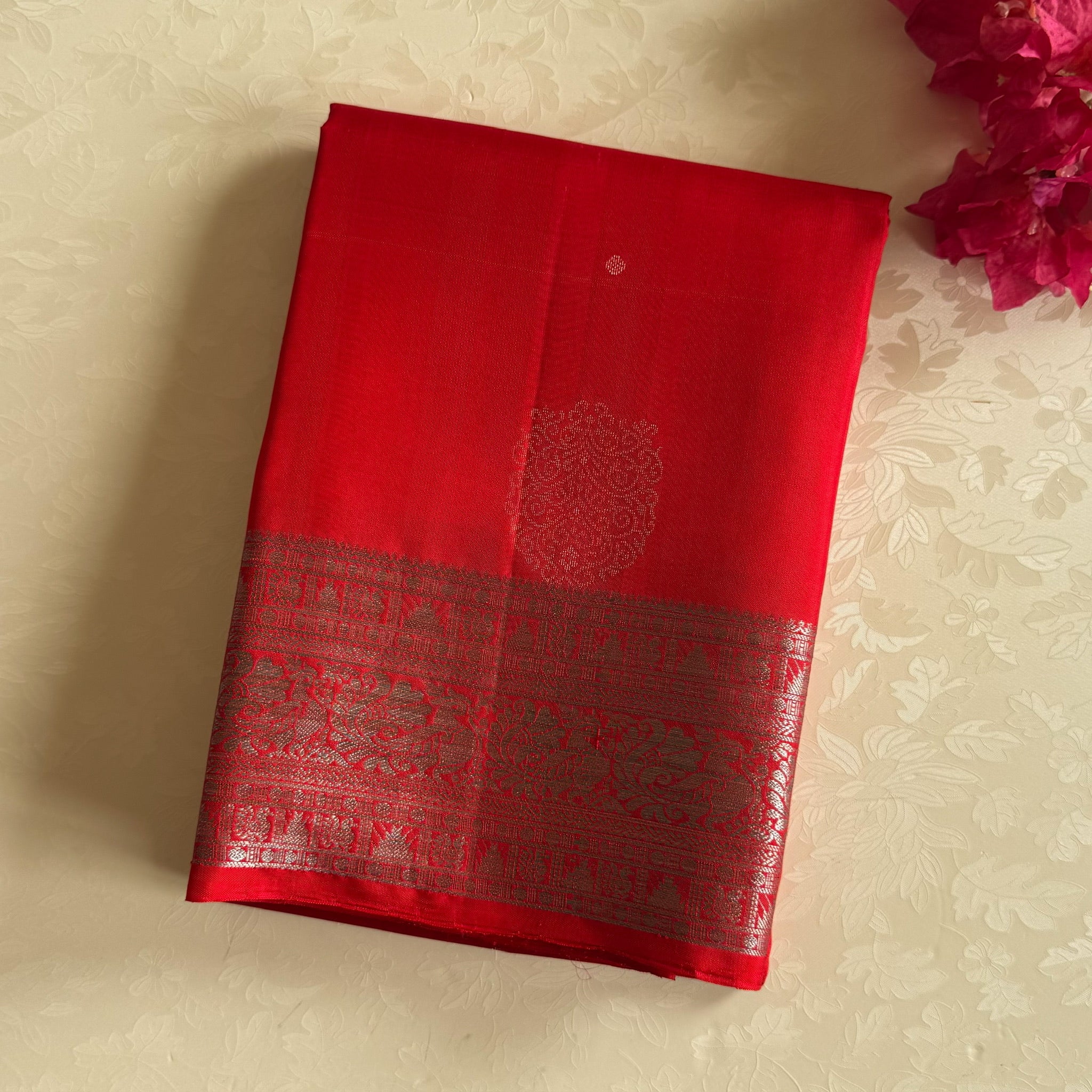 Crimson Silk Saree With Silver Zari Border And Petal Pallu