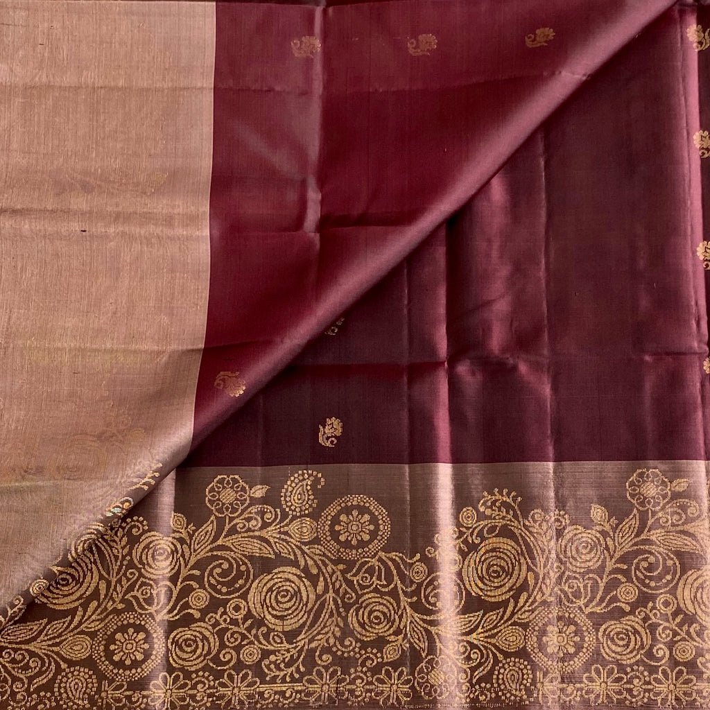 Deep Wine Maroon Designer Pure Silk Saree With Antique Metallic Pallu