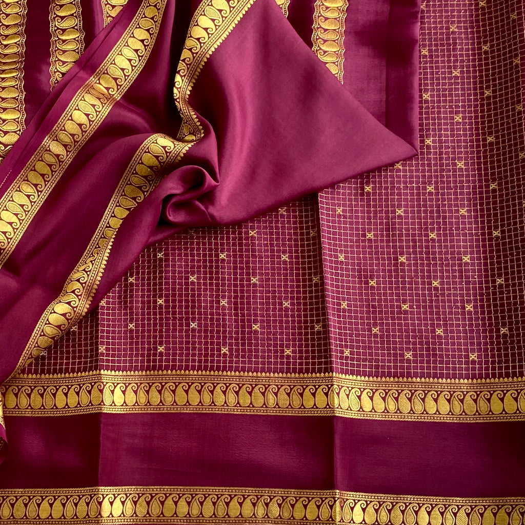 Wine Maroon Mysore Crepe Silk Saree With Antique Gold Motifs