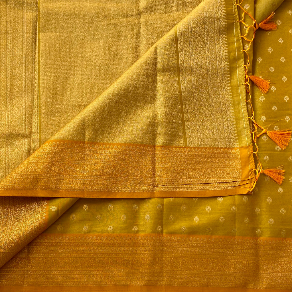Mustard Gold Banarasi Style Saree With Zari Border Tassel Pallu