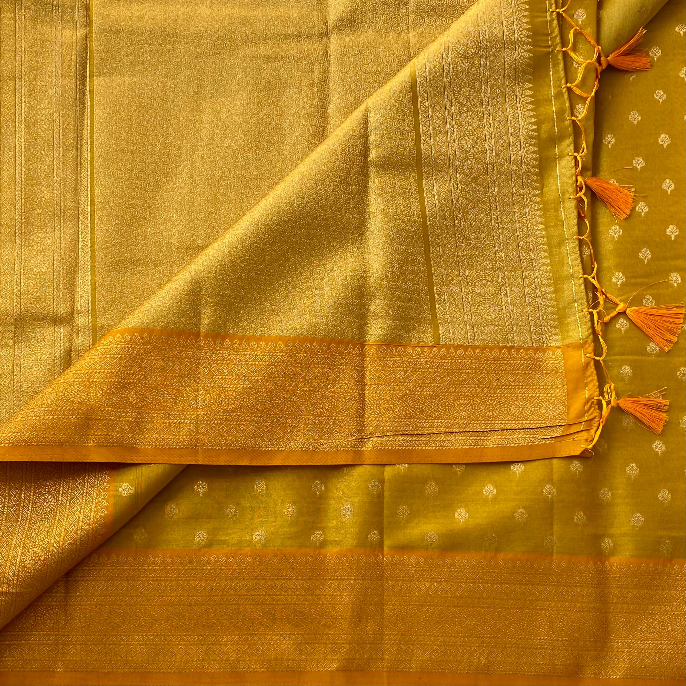Mustard Gold Banarasi Style Saree With Zari Border Tassel Pallu