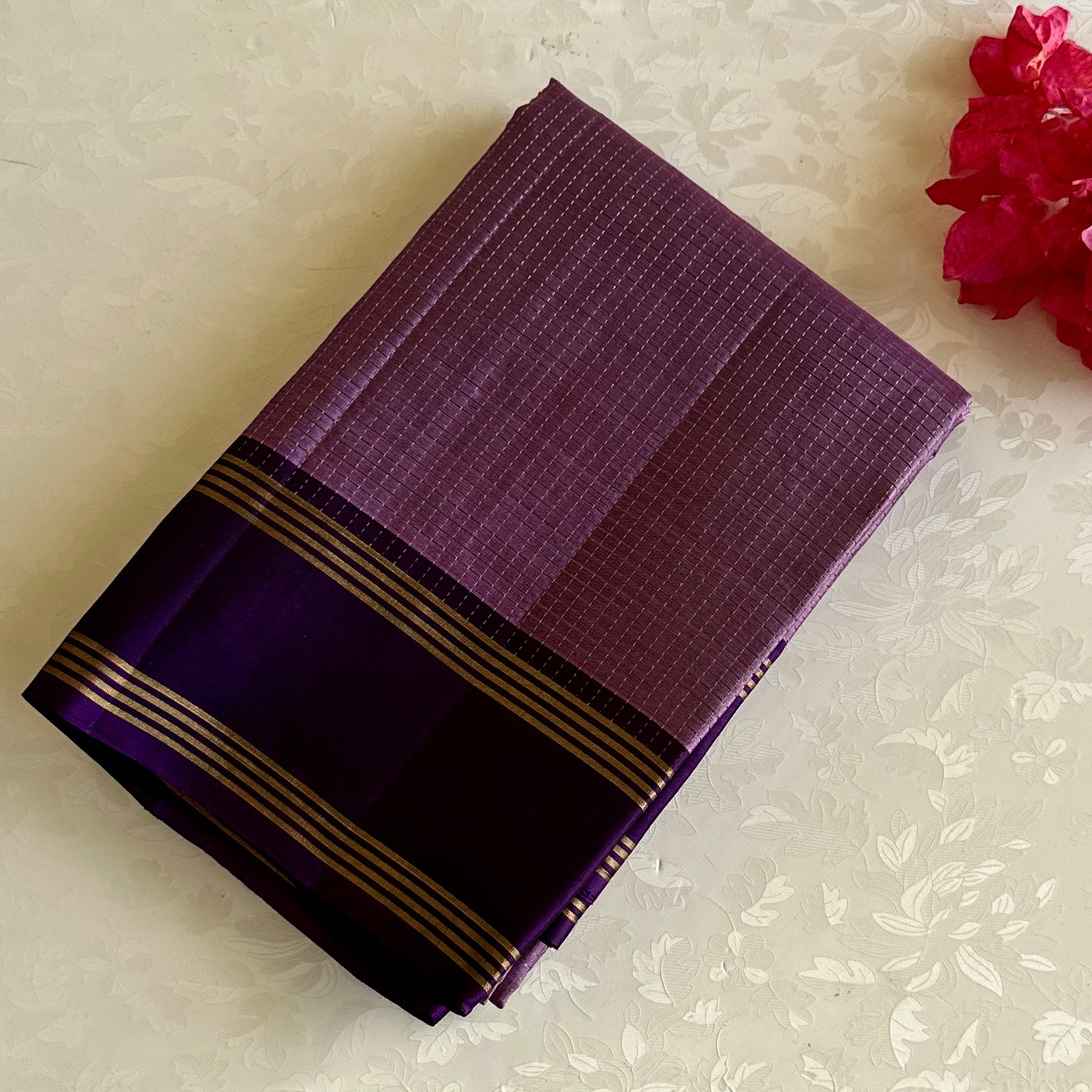 Royal Purple Designer Pure Silk Saree With Mauve Pink Pallu
