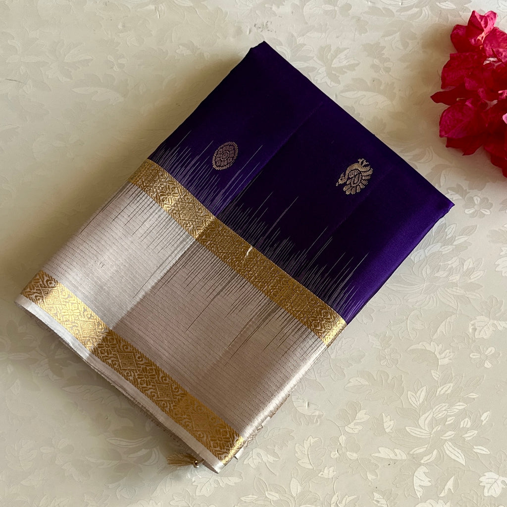 Ivory Designer Pure Silk Saree With Royal Purple Pallu