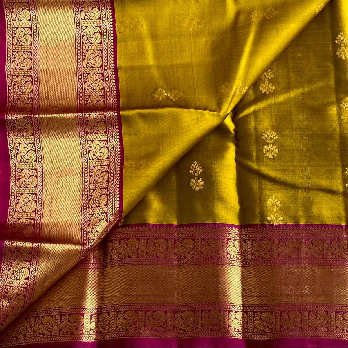 Mustard Green Designer Pure Silk Saree With Deep Magenta Pallu And Gold Borders