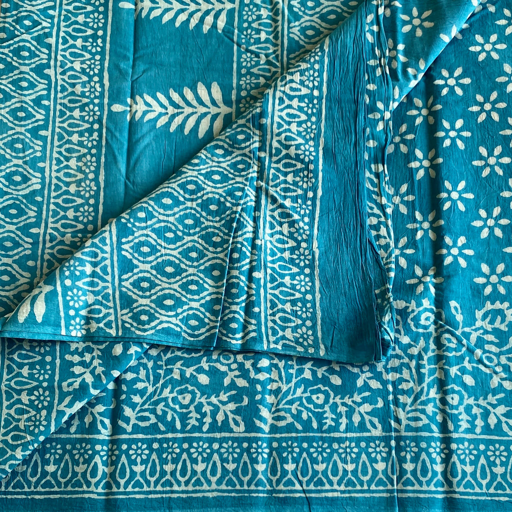 Teal Blue Soft Tussar Silk Saree With White Block Print