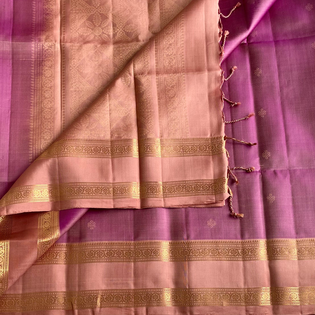 Dreamy Blush Rose Designer Pure Silk Saree With Metallic Dusty Rose Pallu And Zari