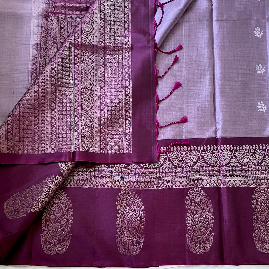 Magenta Banarasi Silk Saree Silver Zari Paisley Border Geometric Pallu