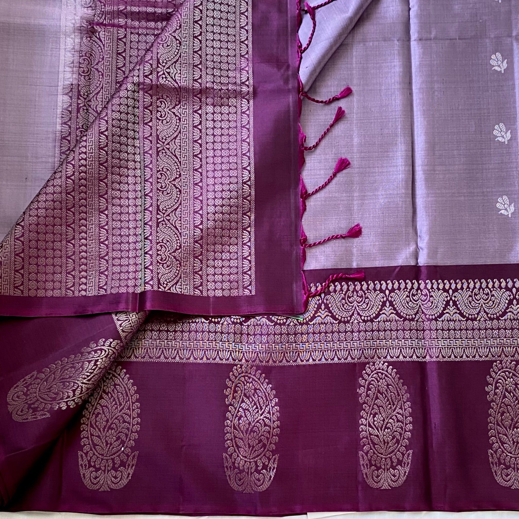 Magenta Banarasi Silk Saree Silver Zari Paisley Border Geometric Pallu