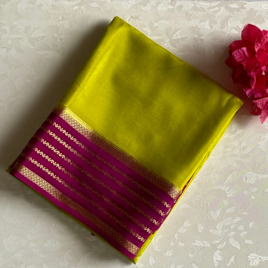 Lime Green Magenta Mysore Crepe Silk Saree With Gold Zari Border