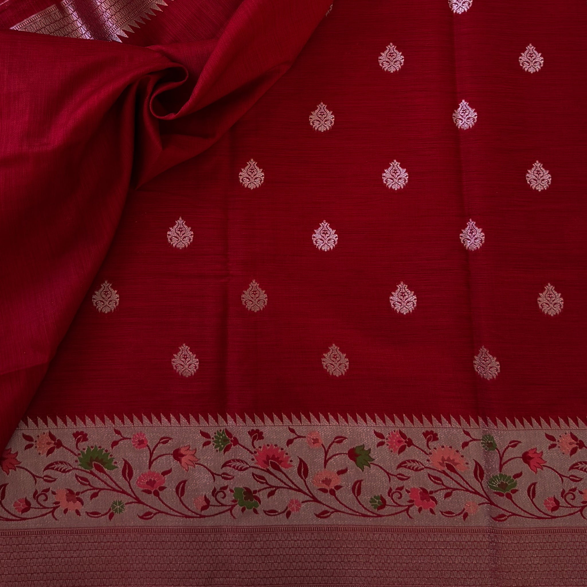 Crimson Banarasi Silk Saree With Blush Pink Floral Zari Pallu