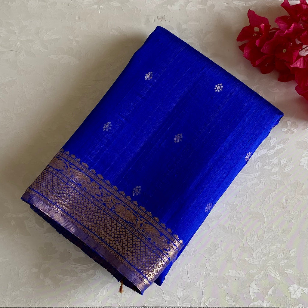 Royal Blue Designer Pure Raw Silk Saree With Crimson Red Pallu