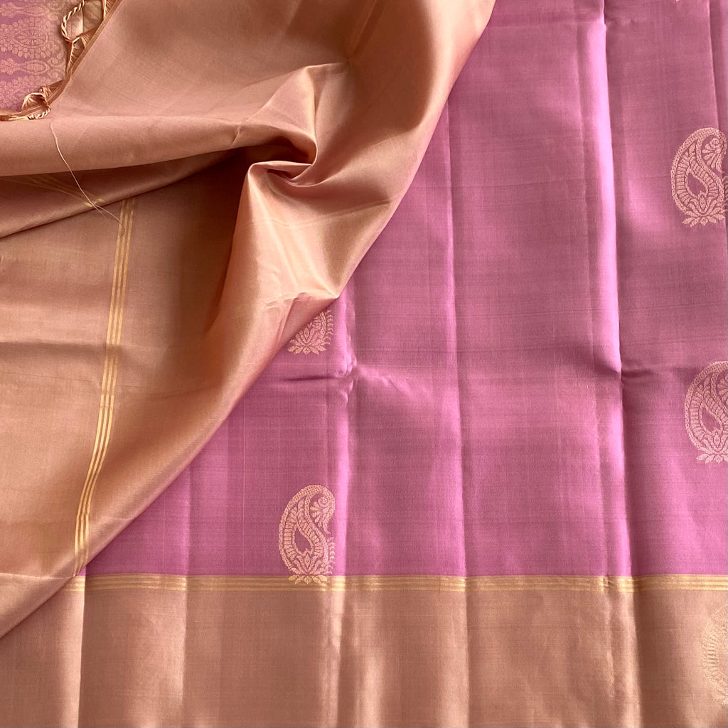 Dreamy Pastel Rose Designer Pure Silk Saree With Biscuit Brown Pallu