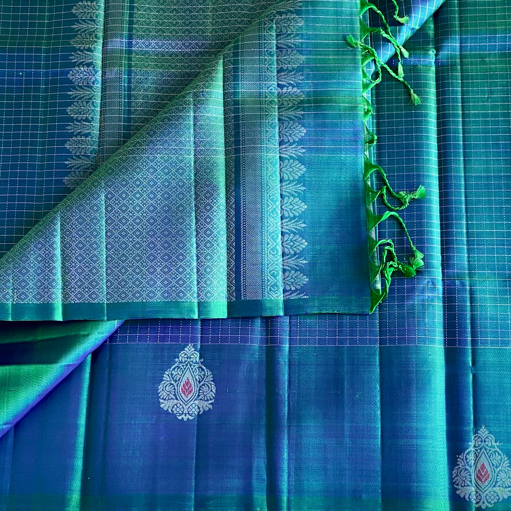 Teal Blue Designer Pure Silk Saree With Emerald Green Pallu