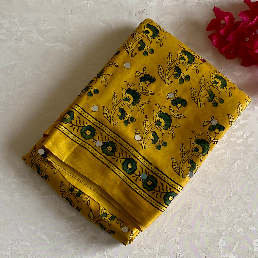Mustard Yellow Designer Handcrafted Mirrorwork Ajrakh Silk Saree With Forest Green Motifs