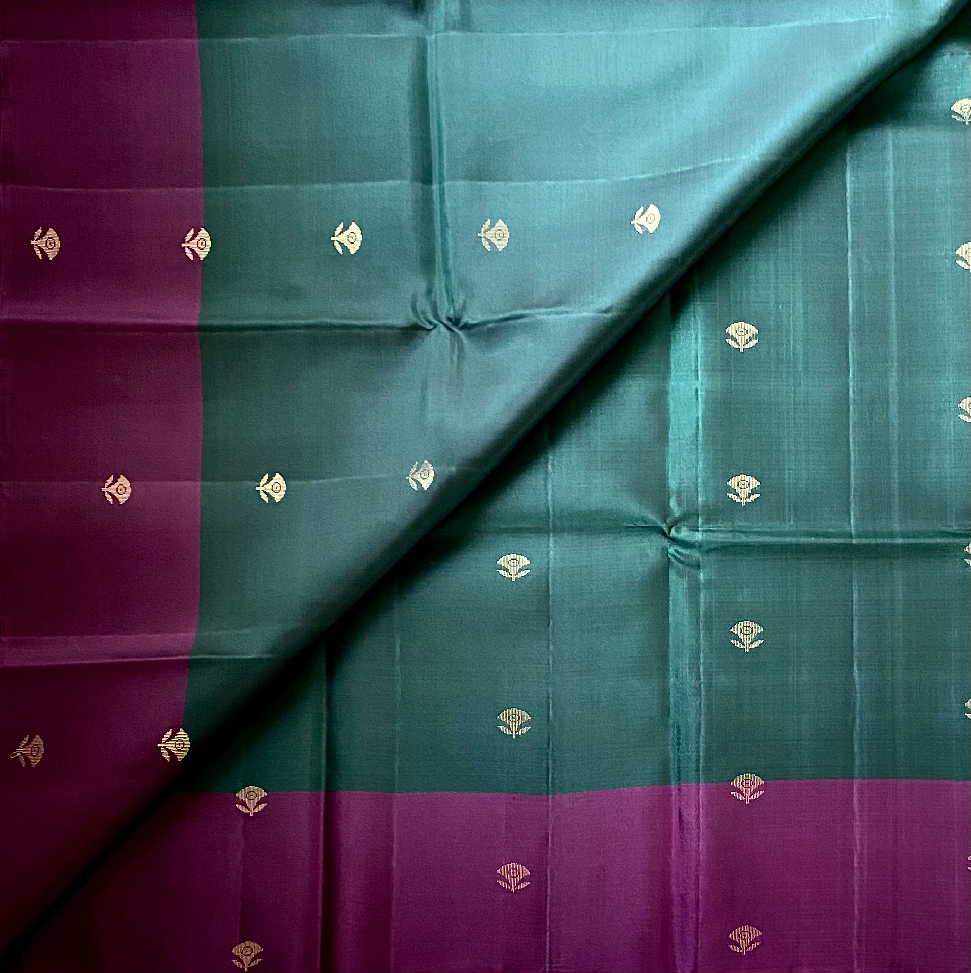 Magenta Purple Pallu Teal Silk Saree With Gold Zari Brocade Border