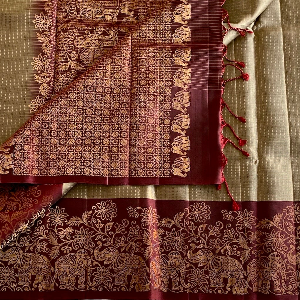 Champagne Greyish Gold Designer Pure Silk Saree With Burgundy Brown Pallu