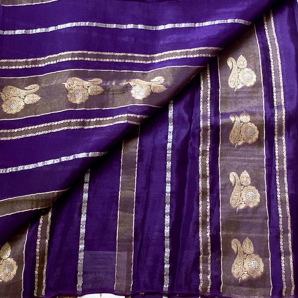 Royal Purple soft satin crepe Saree with Gold Zari Paisley Border