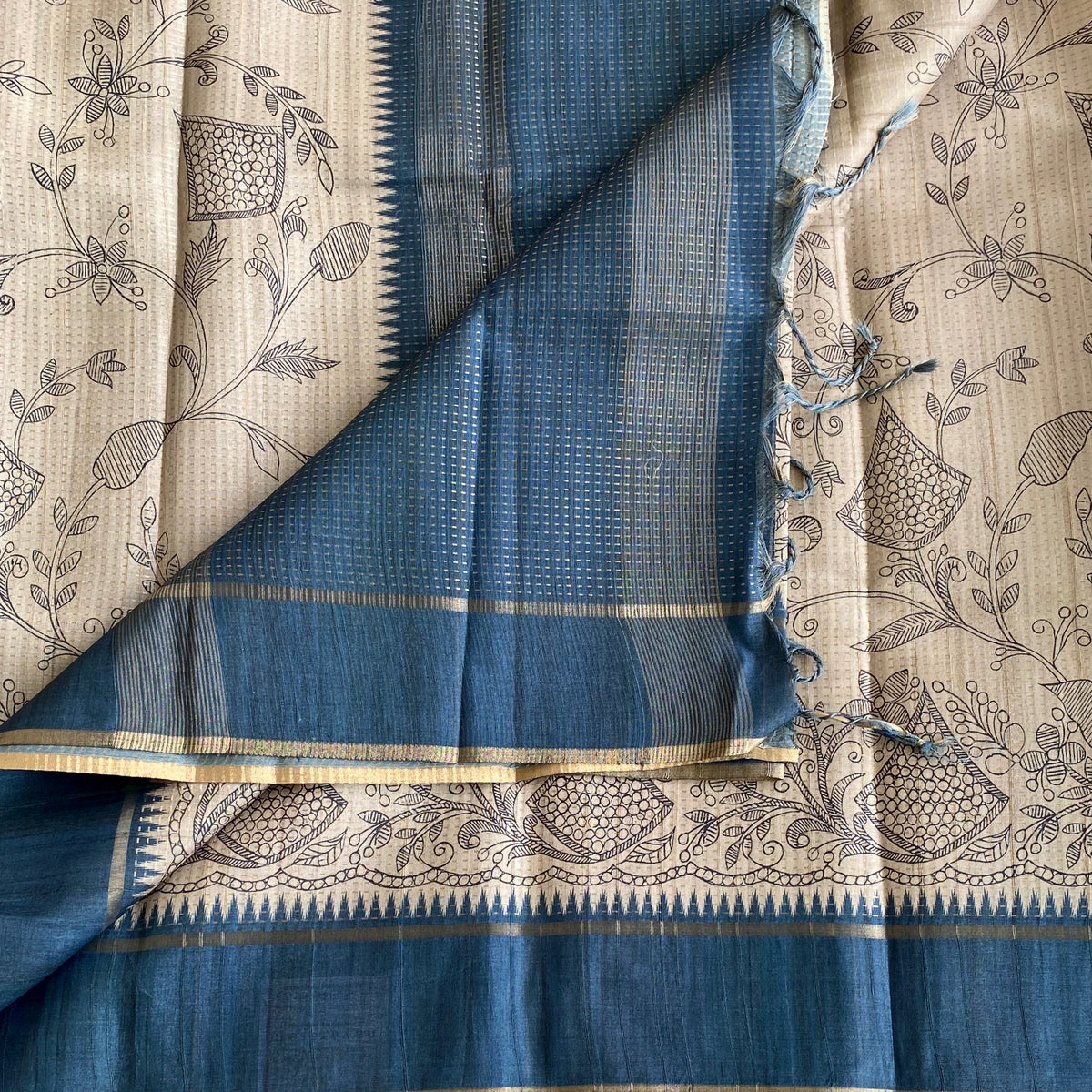 Warm Beige Soft Tussar Silk Saree With Deep Denim Contrast