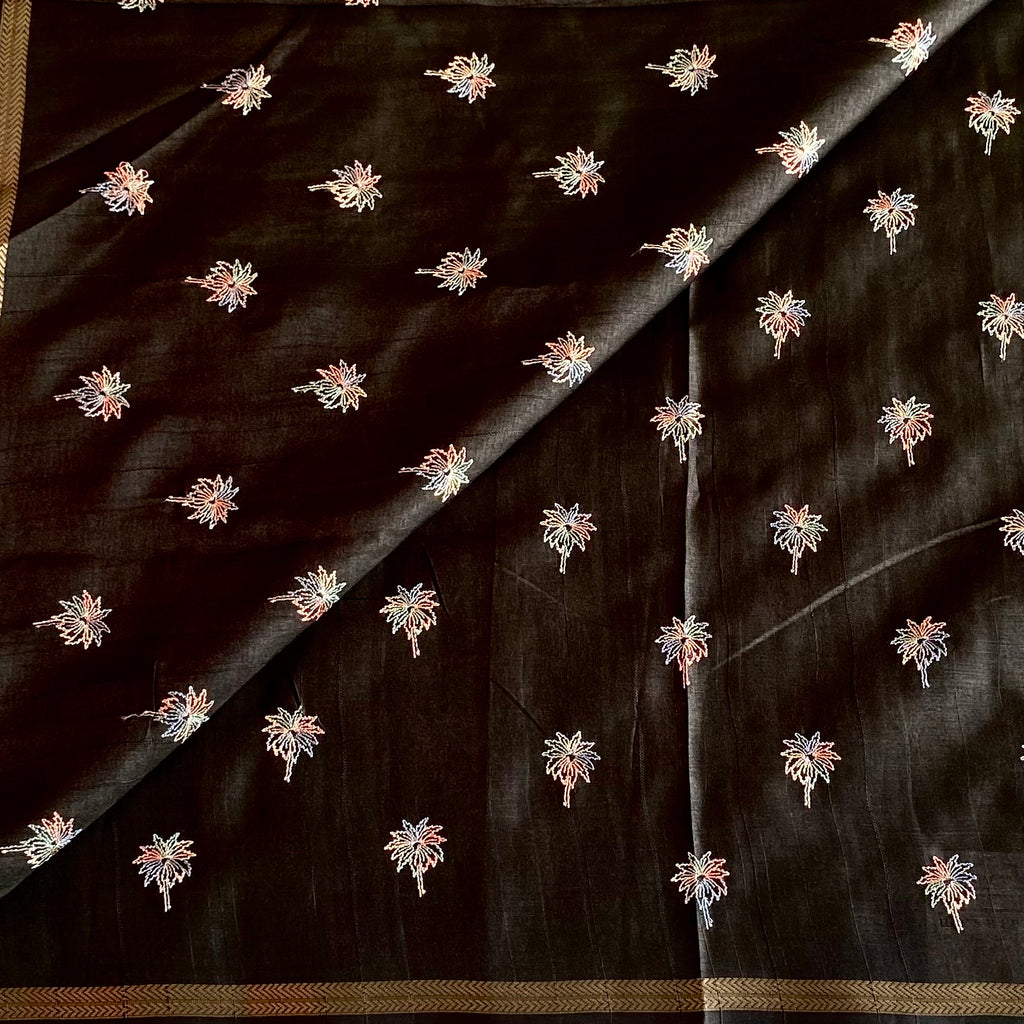 Jet Black Soft Tussar Silk Saree With Antique Gold Border And Embroidery