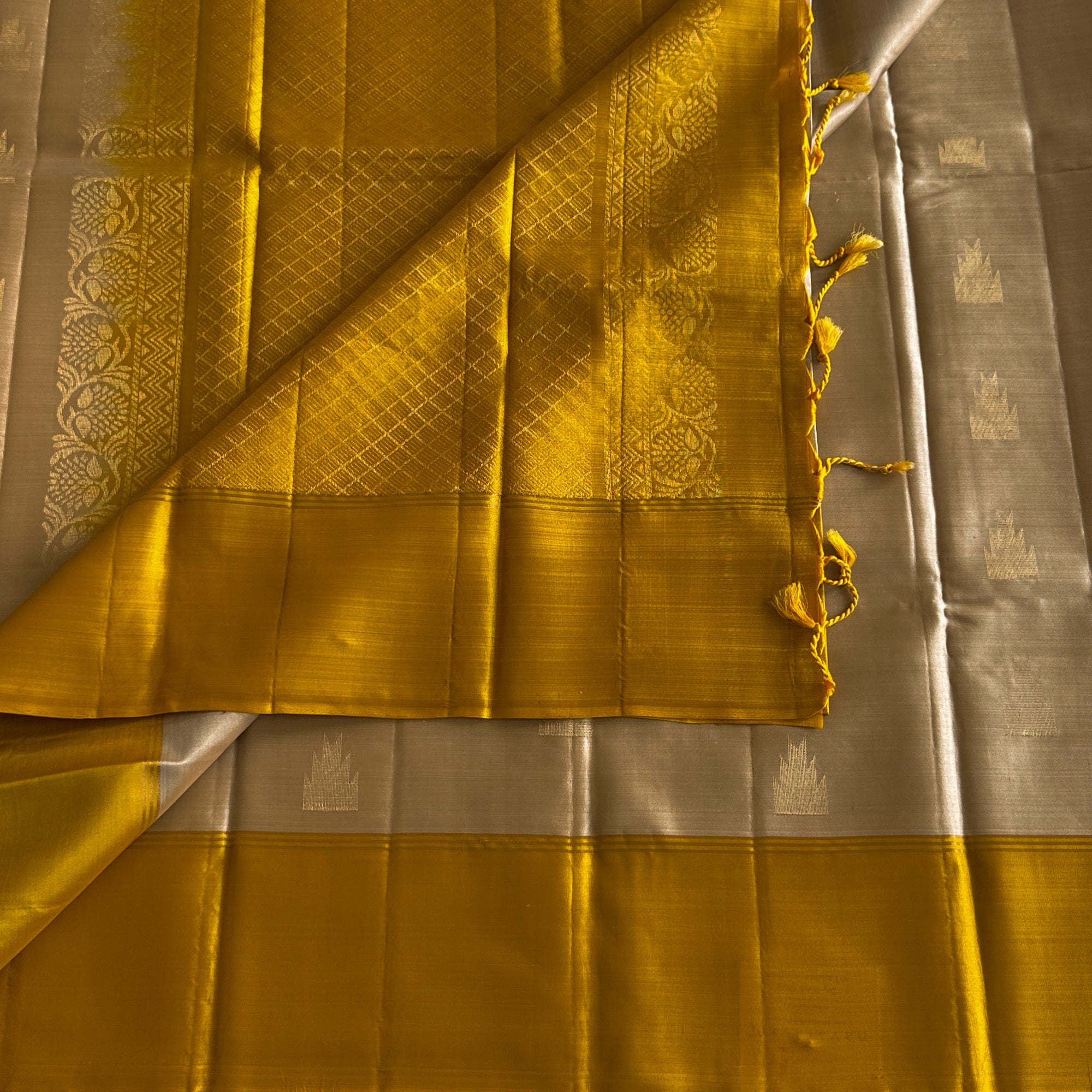 Mustard Silk Saree With Beige Pallu And Gold Zari Border