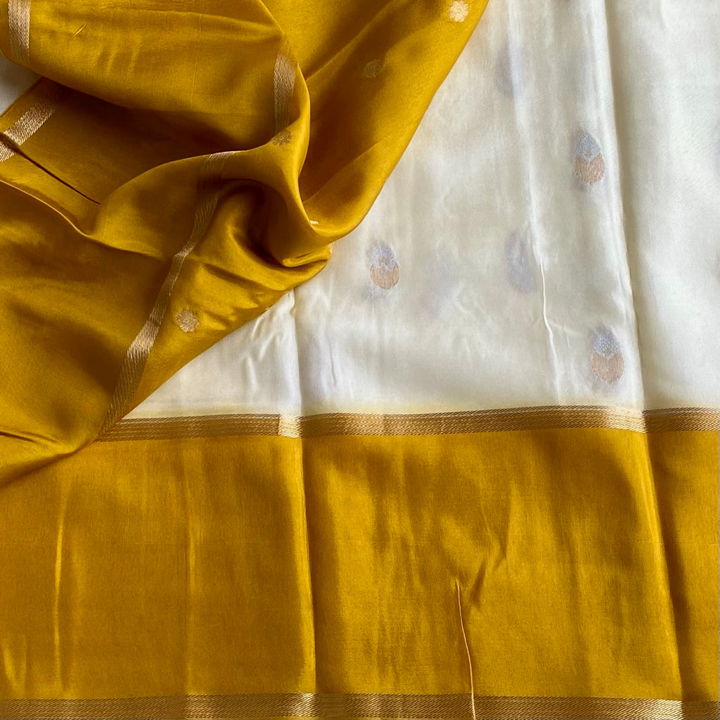 Ivory Pearl Soft Tussar Silk Saree With Mustard Yellow Pallu