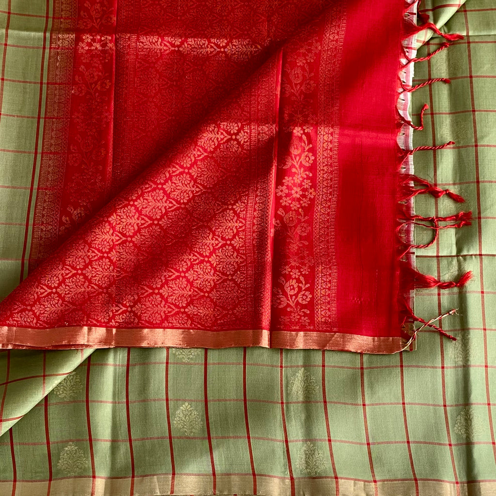 Sage Green Designer Pure Silk Saree With Crimson Red Pallu