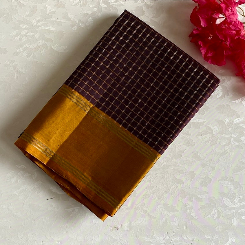 Deep Coffee Checkered Designer Pure Silk With Mustard Gold