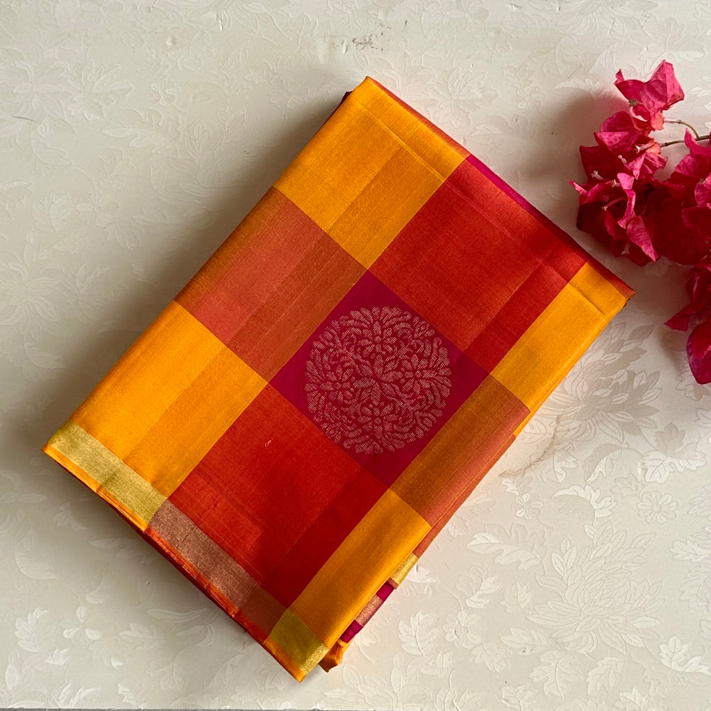 Shades of Red & Yellow Checkered Designer Pure Silk