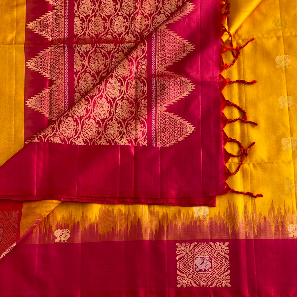Sunflower Yellow With Pinkish Red Handwoven Designer Pure Silk Beauty