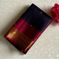 Kanjeevaram Pure Zari Silk Midnight Navy Micro Checkered With Magenta Stunner