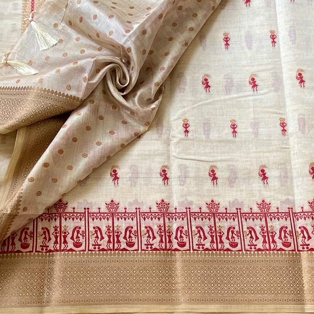 Ivory Maroon Folk Motif Saree With Gold Woven Border Tassel
