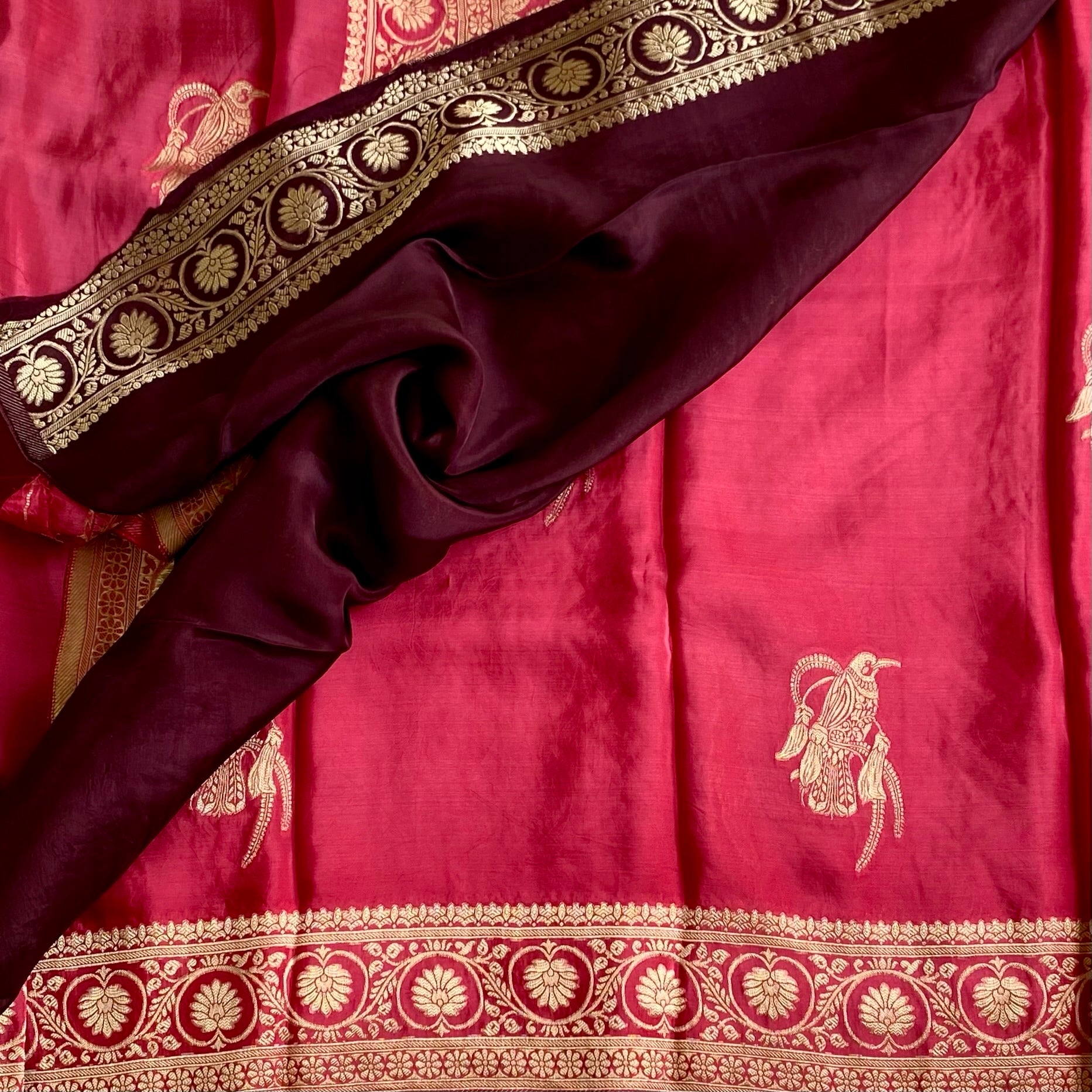 Rose Pink Soft Crepe Silk Saree With Wine Designer Blouse