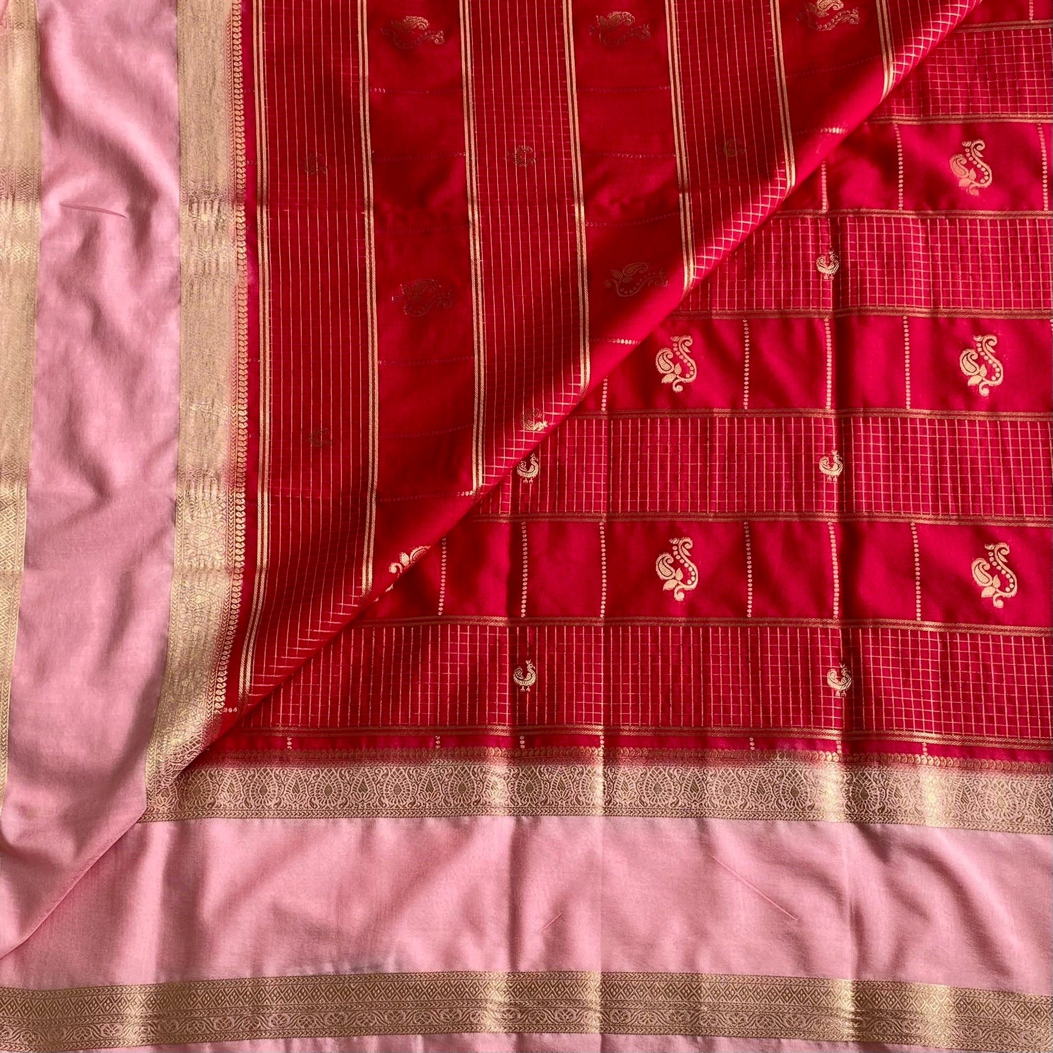 Crimson Red And Blush Pink Soft Crepe Silk With Gold Pallu
