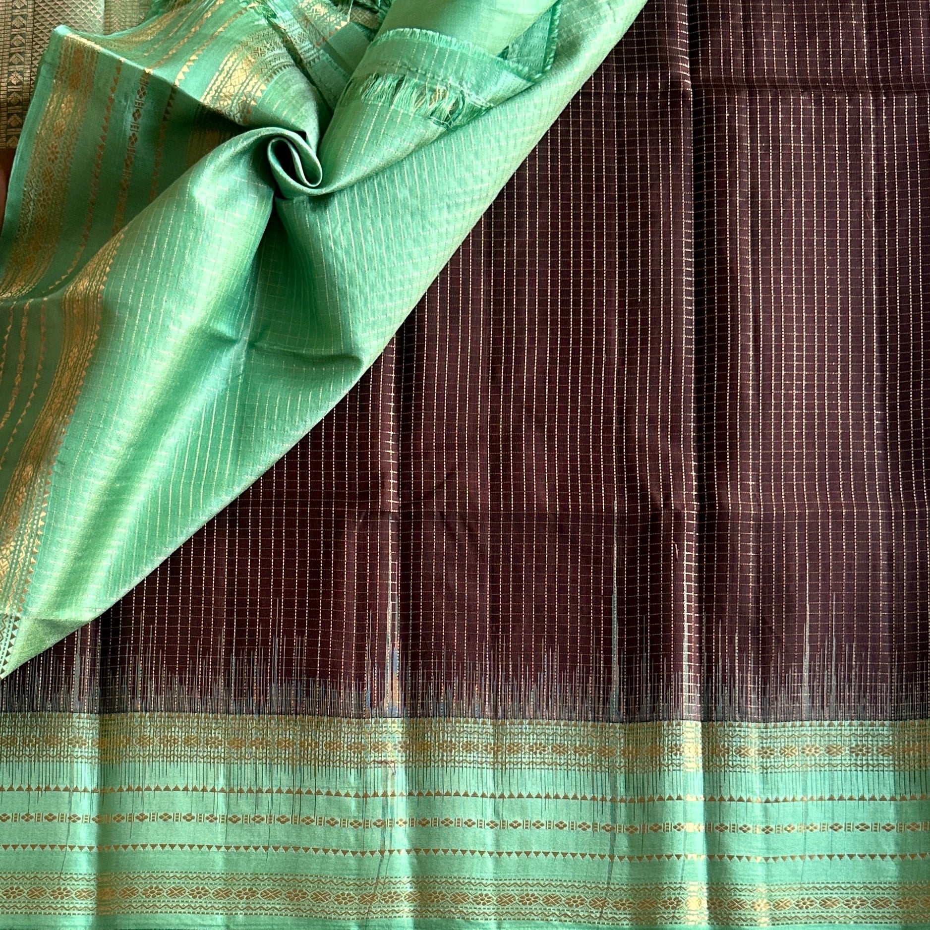 Mint Green Woven Silk Saree With Antique Gold Zari Border