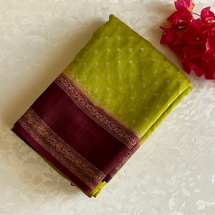 Chartreuse Green Banarasi Crepe Silk Saree With Deep Maroon Pallu