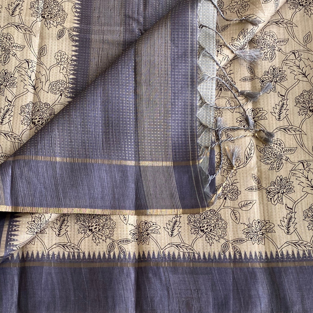 Ecru Beige & Warm Cloud Soft Tussar Silk Saree With Floral Weave
