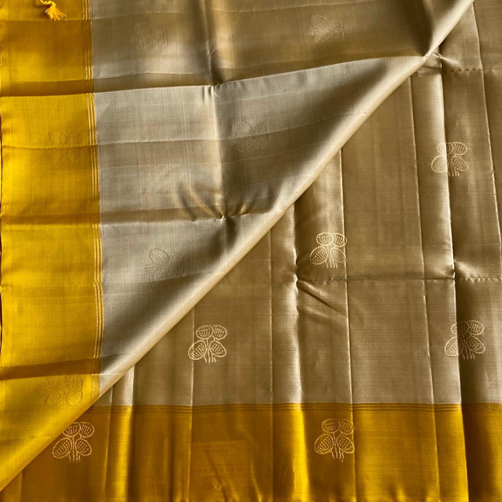 Soft Beige Designer Pure Silk Saree With Mustard Yellow Pallu