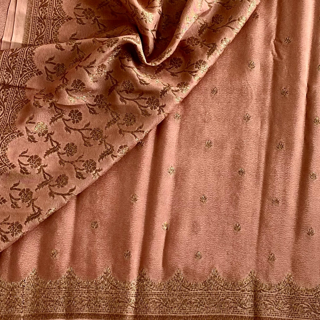 Metallic Bronze Banarasi Soft Crepe Silk Saree With Antique Gold Woven Border