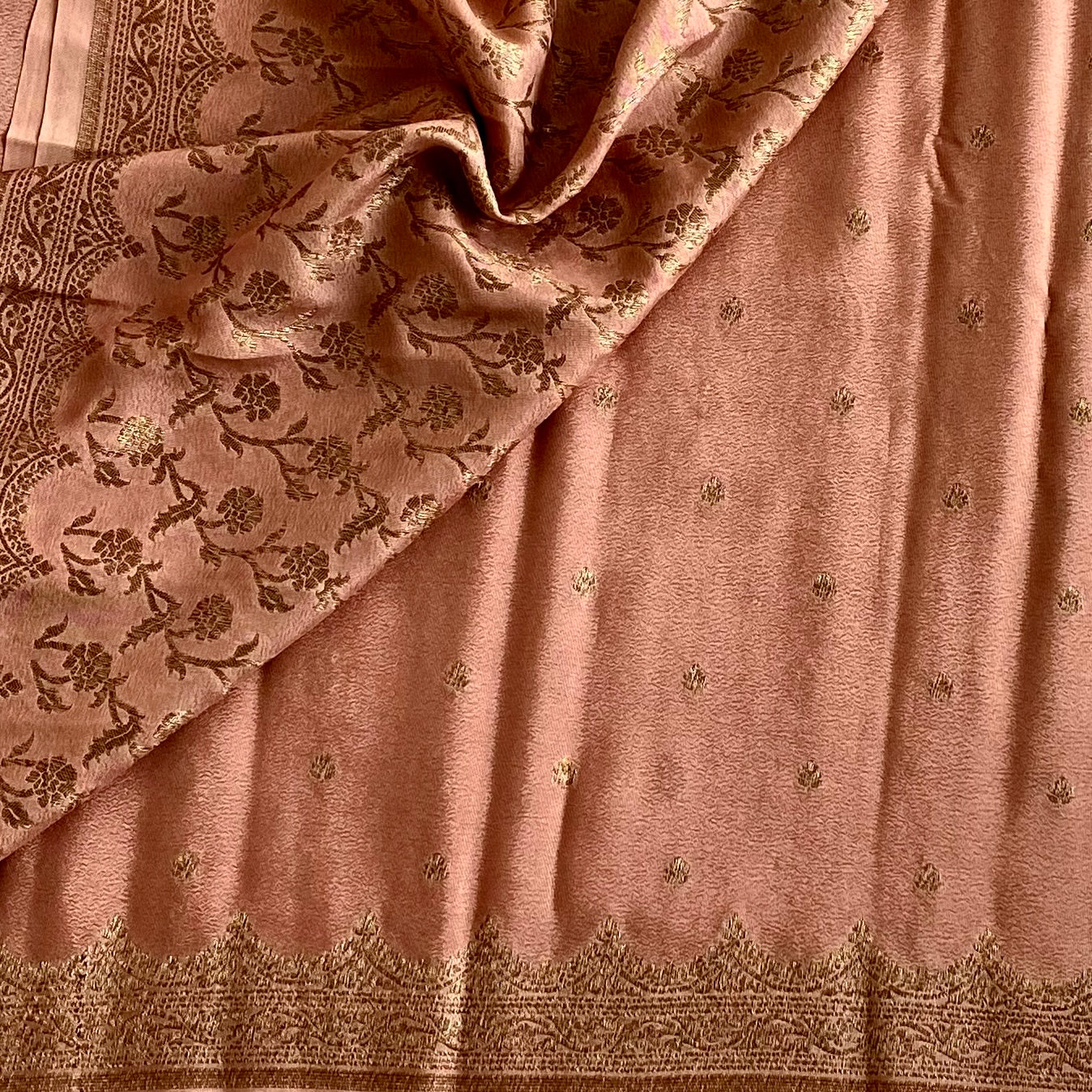 Metallic Bronze Banarasi Soft Crepe Silk Saree With Antique Gold Woven Border