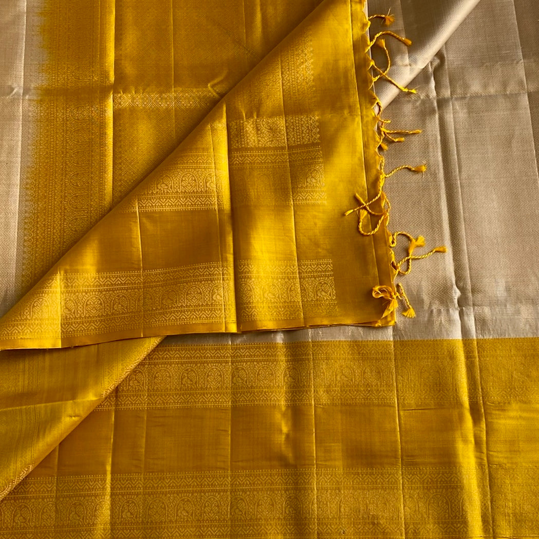 Champagne Beige Designer Pure Silk With Mustard Yellow Zari Work