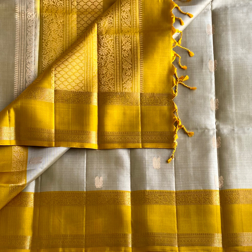 Champagne Beige Designer Pure Silk Saree With Golden Yellow Pallu