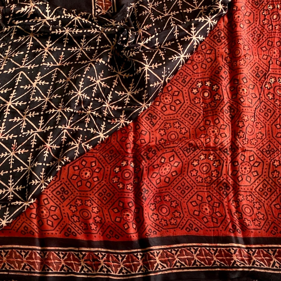 Rust Red AJRAKH Handblock Printed Silk Saree With Jet Black Pallu