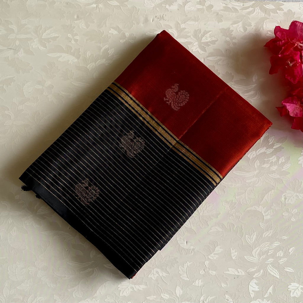 Jet Black Designer Pure Silk Saree With Crimson Red Border