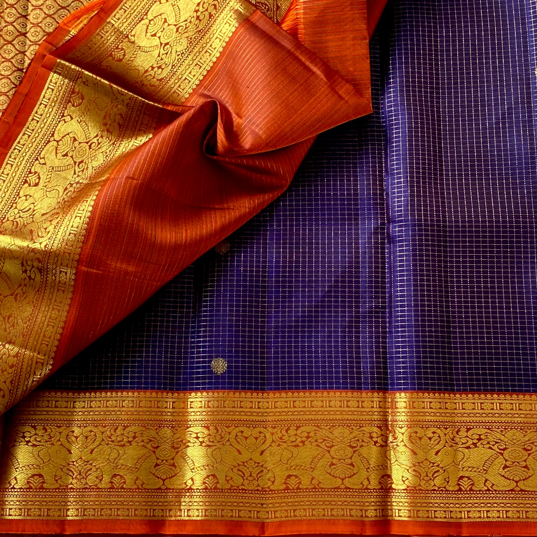 Indigo Classic vintage combination with rust tiny checkered pure Kanjeevaram